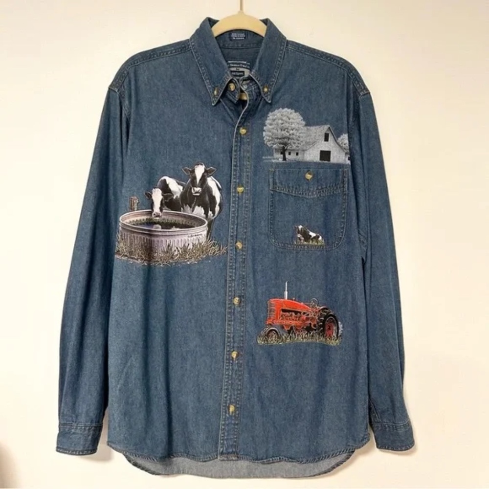 VINTAGE AllSport Denim Shirt with Farmhouse, Tractor, Cow Embroidery Size Small